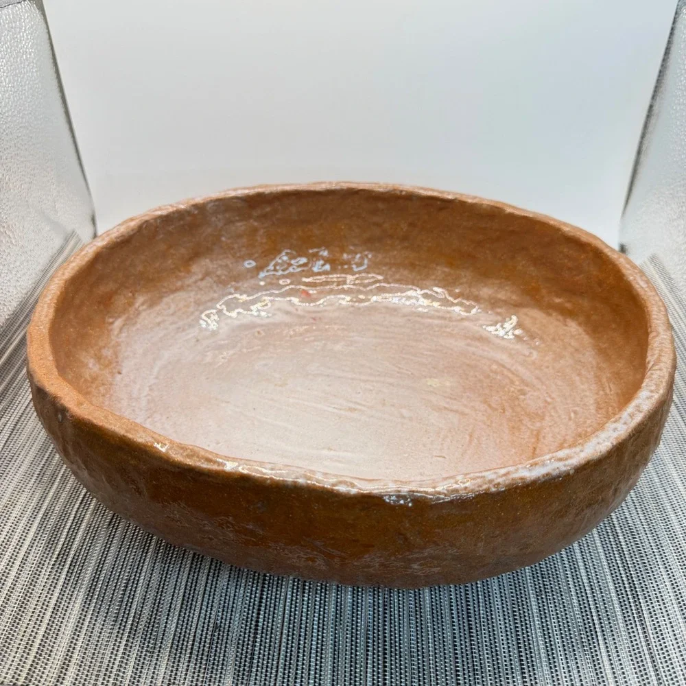 Signed Studio Pottery Terracotta Bowl Handcrafted Rustic Organic 12 inch Brown